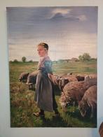 groot antiek schilderij HERDERINNETJE  met schapen, Antiek en Kunst, Kunst | Schilderijen | Klassiek, Ophalen
