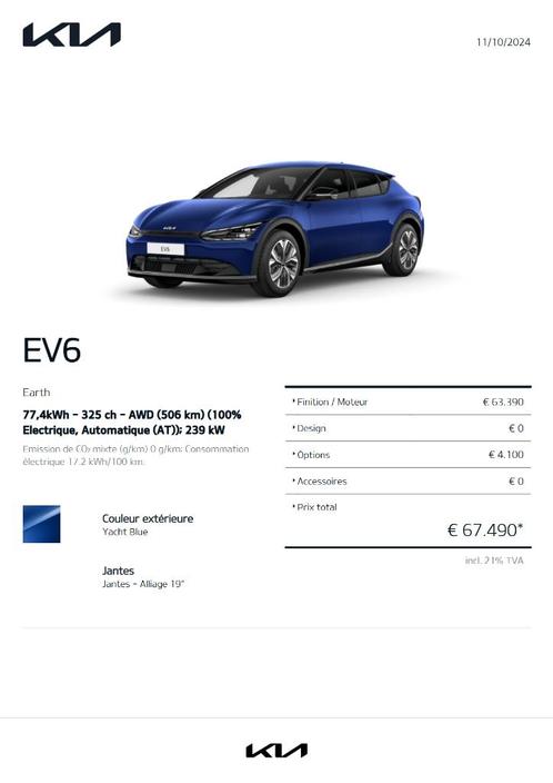 Kia EV6 Earth AWD 325ch volledige optie - 0 tot 100 in 5,2 s, Auto's, Kia, Particulier, EV6, 360° camera, 4x4, ABS, Achteruitrijcamera