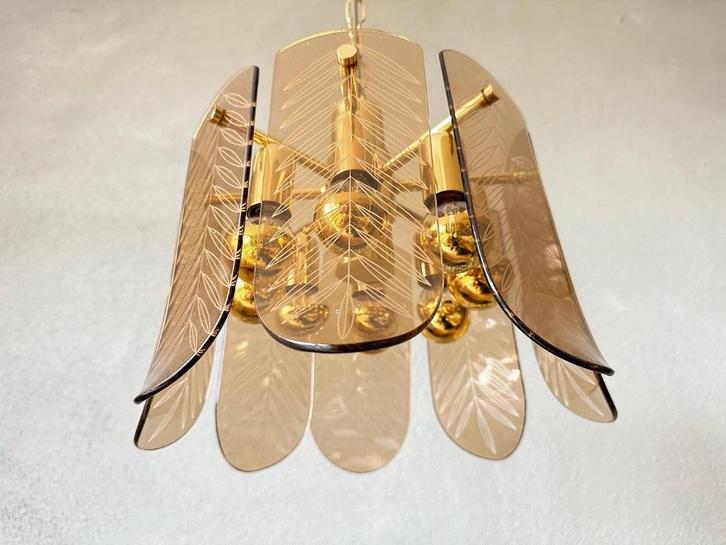 Vintage hanglamp smoked glas, Huis en Inrichting, Lampen | Hanglampen, Zo goed als nieuw, 75 cm of meer, Glas, Metaal, Ophalen of Verzenden