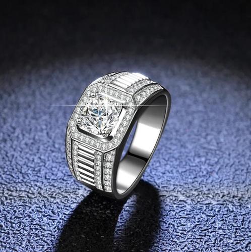 Zilveren mannen ring met Moissanite Diamant 1 karaat D kleur, Bijoux, Sacs & Beauté, Bagues, Neuf, Homme, Argent, Argent, Avec pierre précieuse