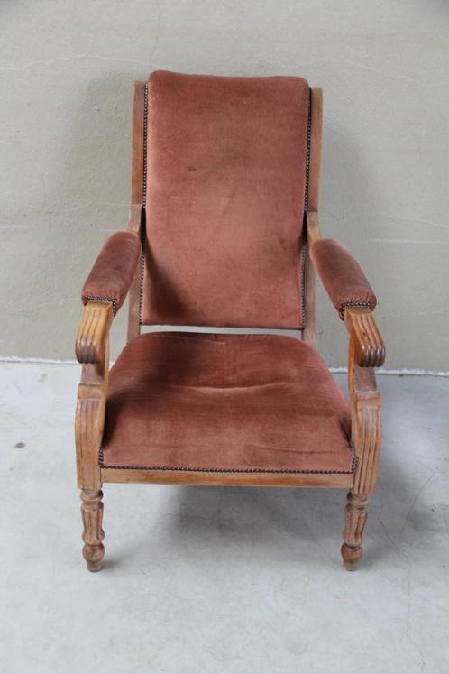 Antieke roze fluwelen fauteuil, Huis en Inrichting, Fauteuils, Gebruikt, Hout, Ophalen