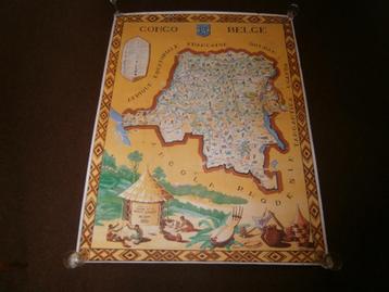 Antieke, geïllustreerde kaart Congo Belge, 1949, zeldzaam beschikbaar voor biedingen