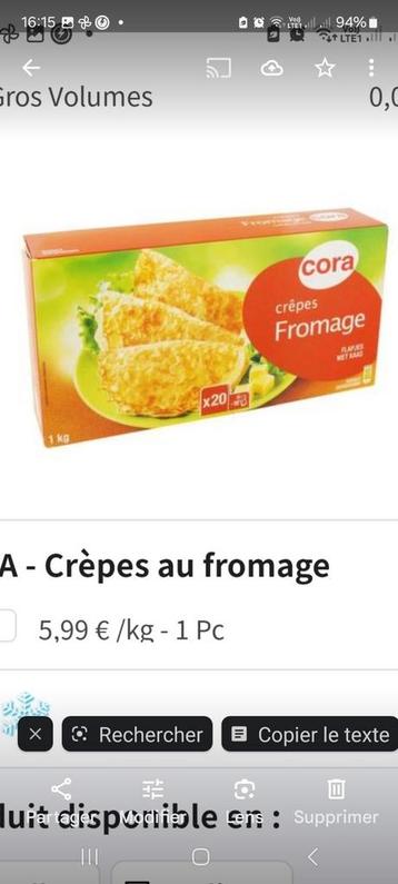 20 Crêpes surgelées (1kg!) à l'emmental. Marque Yes de Cora., Divers, Enlèvement ou Envoi