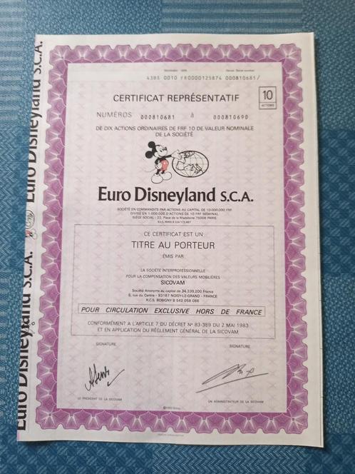 Euro Disneyland coupure van 10 aandelen, Postzegels en Munten, Aandelen en Waardepapieren, Ophalen of Verzenden