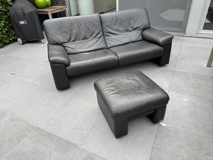 Set van 3-zit en 2,5-zit + 2x poef - zwart leer ook apart, Huis en Inrichting, Zetels | Complete zithoeken, Gebruikt, Leer, Ophalen