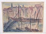 Aquarel Haventafereel In Kubistische/Fauvistische Stijl, Antiek en Kunst, Ophalen of Verzenden
