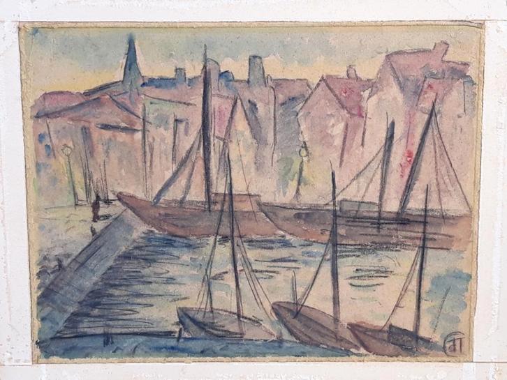 Aquarel Haventafereel In Kubistische/Fauvistische Stijl, Antiek en Kunst, Kunst | Schilderijen | Klassiek, Ophalen of Verzenden