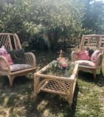 Vintage rieten rotan bamboe tuinset zetel tafel, Tuin en Terras, Ophalen of Verzenden