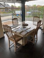 Travertin tafel + 4 houten stoelen, 100 tot 150 cm, 150 tot 200 cm, Rechthoekig, Vier personen