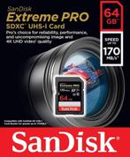 SanDisk Extreme Pro SDXC UHS-I 64GB 170mb/s (3) V30 4K UHD, Audio, Tv en Foto, Foto | Geheugenkaarten, SanDisk, EU, SDXC, Nieuw