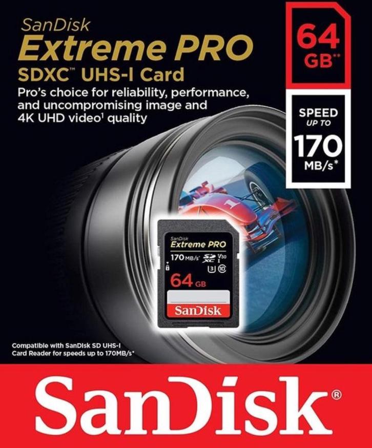 SanDisk Extreme Pro SDXC UHS-I 64GB 170mb/s (3) V30 4K UHD, Audio, Tv en Foto, Foto | Geheugenkaarten, Nieuw, SDXC, 64 GB, Fotocamera