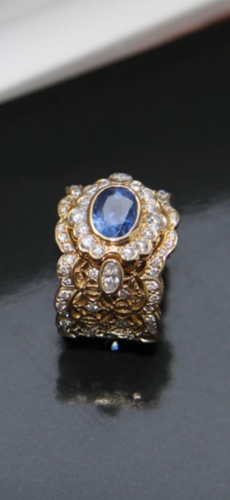 Bague or jaune 18 carats avec Saphir et diamants, Handtassen en Accessoires, Ringen, Zo goed als nieuw, Dame, Geel, Goud, Met edelsteen