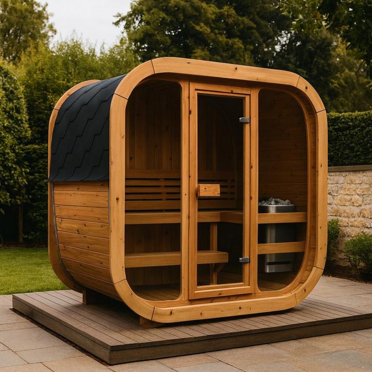 Vol Glas Moderne Cube Buitensauna SKOG125 Thermowood, Hobby en Vrije tijd, Overige Hobby en Vrije tijd, Nieuw, Ophalen of Verzenden