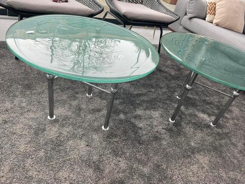 Ijsglas design tafel 2 stuks, Huis en Inrichting, Tafels | Salontafels, Zo goed als nieuw, Glas, Ophalen
