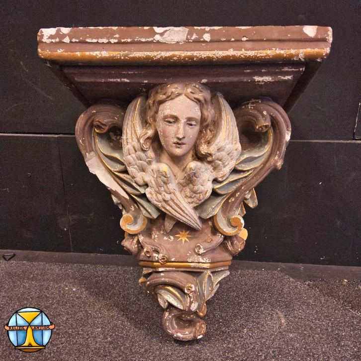 19 eeuwse antieke gipsen kerk console met engel (H48cm), Antiek en Kunst, Antiek | Religieuze voorwerpen, Ophalen of Verzenden