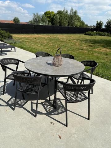 Ronde tuin-eetset – tafel + 6 stoelen (zwart/grijs) beschikbaar voor biedingen