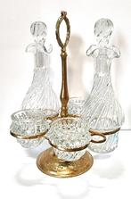 Glas olie en azijn stel in verzilverde houder, compleet., Ophalen of Verzenden