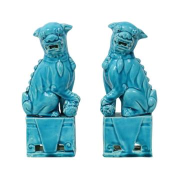 Koppel Blauw Geglazuurde Beeldjes Foo Dog Tempelleeuw 18cm, Enlèvement ou Envoi, Utilisé, Religion