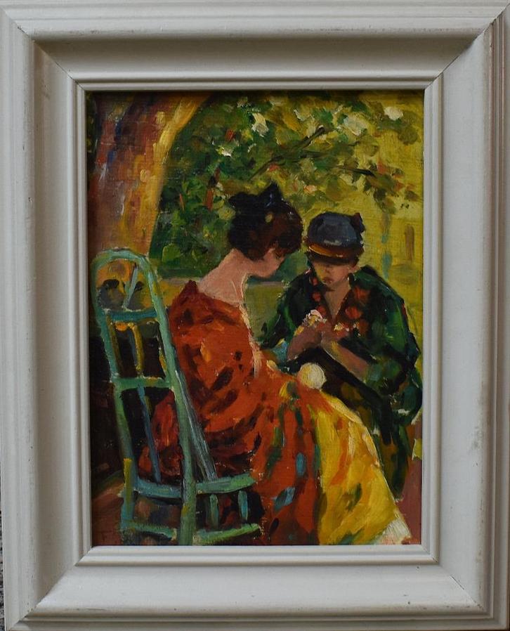 2 dames in de tuin=Belgische school (XX)., Antiek en Kunst, Kunst | Schilderijen | Klassiek, Ophalen of Verzenden