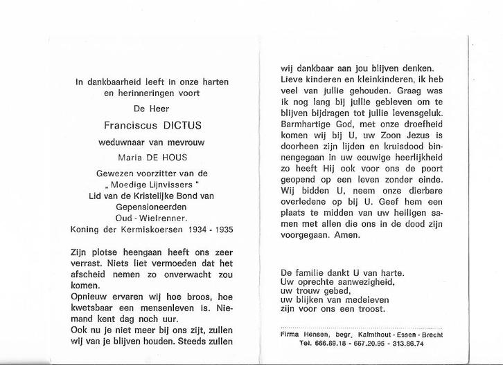 Bidprentje Franciscus DICTUS - Oud-Wielrenner, Verzamelen, Bidprentjes en Rouwkaarten, Bidprentje, Ophalen of Verzenden