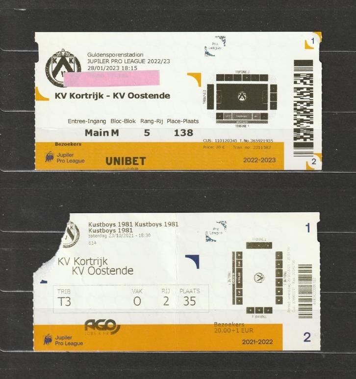 2 versch (gebruikte) tickets Kortrijk - Oostende (2021-2023), Verzamelen, Sportartikelen en Voetbal, Gebruikt, Overige typen, Ophalen of Verzenden