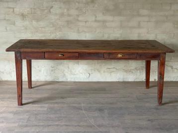 Authentieke boerentafel - 220 x 90 cm + 80 cm hoog / 2 lades, Huis en Inrichting, Tafels | Eettafels, Eikenhout, 200 cm of meer
