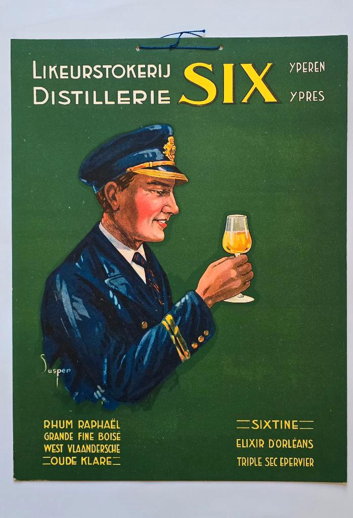 Distillerie SIX Likeurstokerij reclamekarton 1930, Verzamelen, Biermerken, Gebruikt, Reclamebord, Plaat of Schild, Ophalen of Verzenden