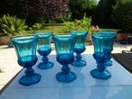Blauwe vintage glazen op voet, Ophalen of Verzenden, Gebruikt