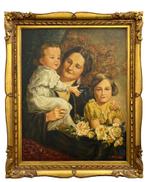 Moeder met kinderen –Olieverf op doek, gesigneerd, Antiek en Kunst, Ophalen of Verzenden