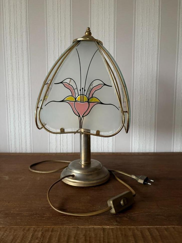 Tafellamp met glaspanelen – vintage, Huis en Inrichting, Lampen | Tafellampen, Gebruikt, Minder dan 50 cm, Glas, Metaal, Ophalen