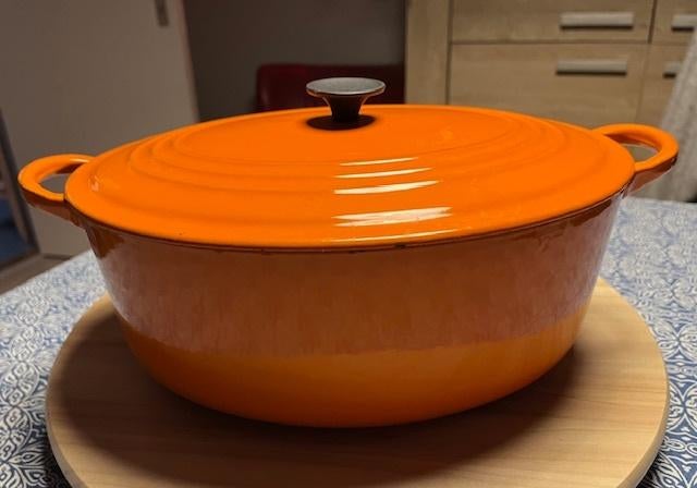 Vintage jaren '70 ovalen Le Creuset braadpan 'F', Ophalen of Verzenden, Gebruikt, Gietijzer, Koekenpan of Braadpan