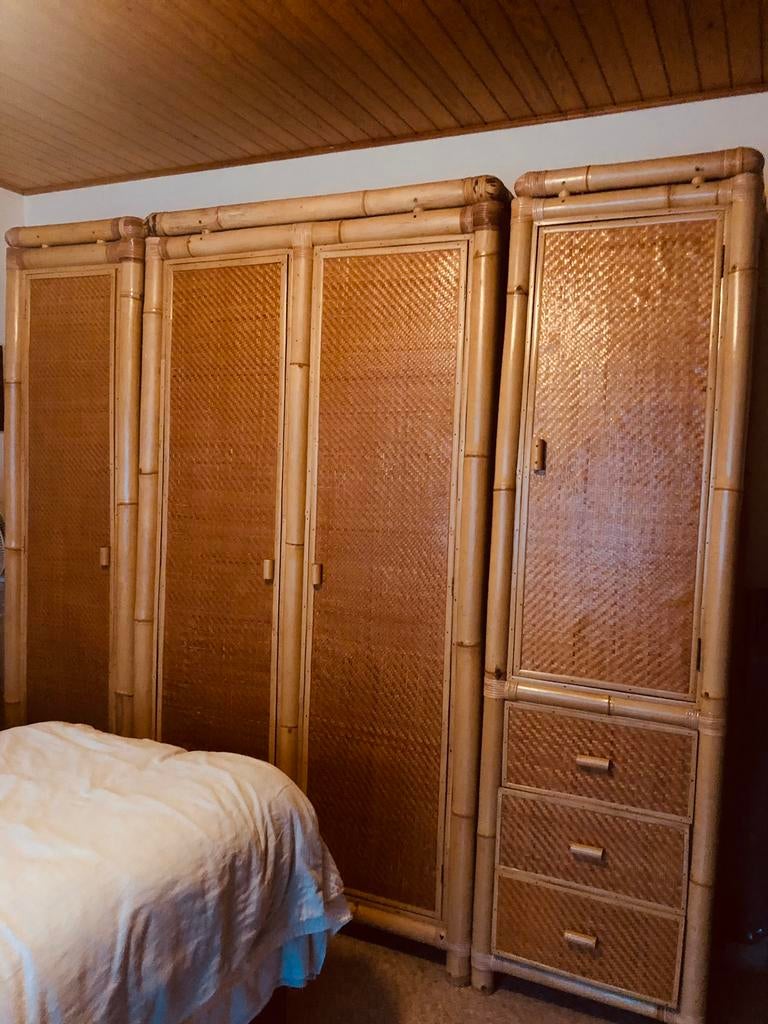 Bamboe slaapkamer set kast ,nachtkastjes &spiegel boho stijl, Ophalen, Gebruikt