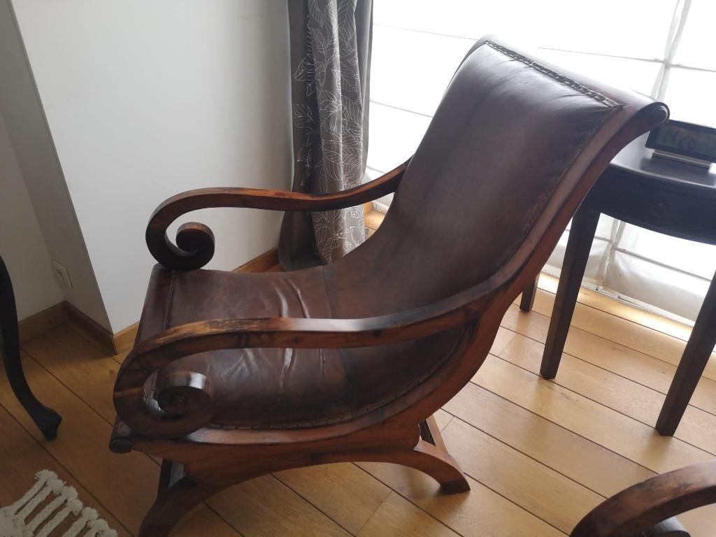 Fauteuils vintage cuir et bois, Maison & Meubles, Fauteuils, Enlèvement, Comme neuf, Bois, Vintage