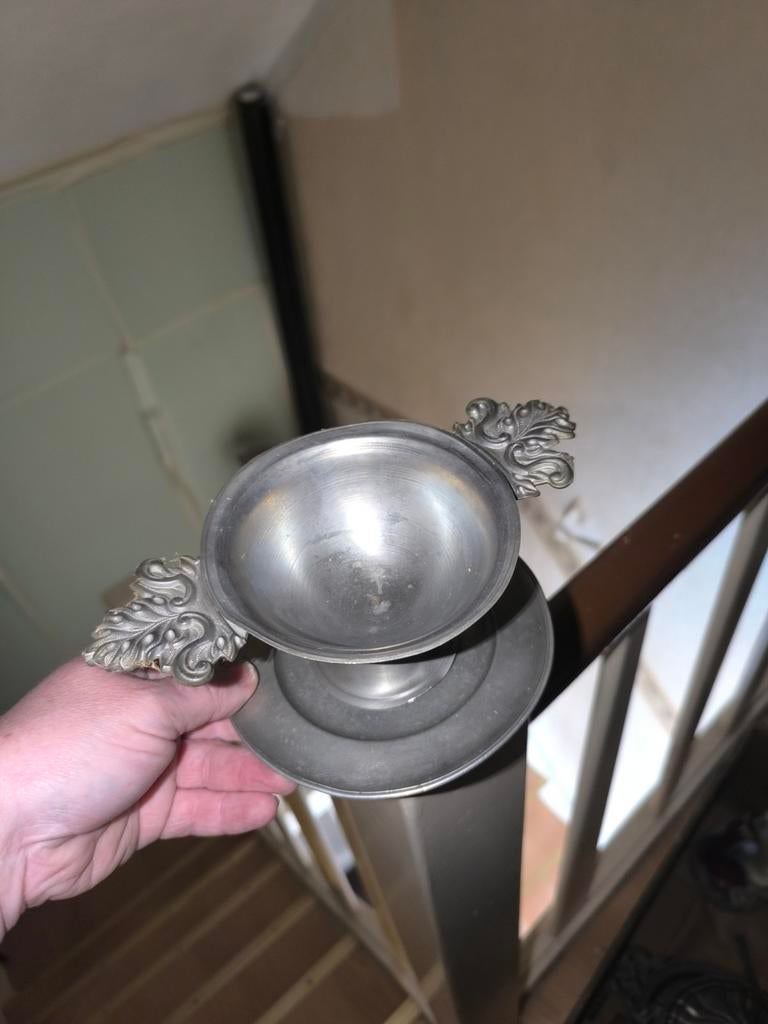 Tinnen potje met schotel, Ophalen of Verzenden