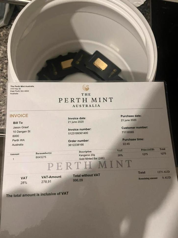 Lingot d'or Perth Mint 20 grammes, Timbres & Monnaies, Métaux nobles & Lingots, Or, Enlèvement ou Envoi