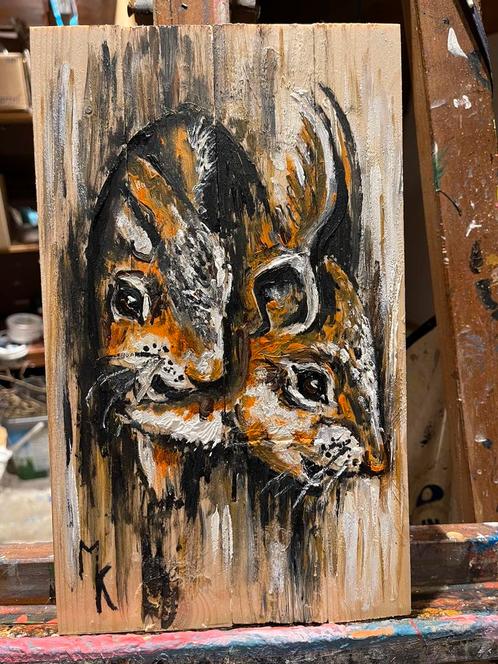 Schilderij op hout eekhoorntjes Mk Art, Antiek en Kunst, Kunst | Schilderijen | Modern, Ophalen