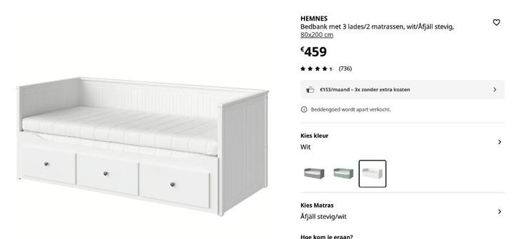 Ikea HEMNES bedbank, Maison & Meubles, Chambre à coucher | Canapés-lits, Comme neuf, 80 cm, 200 cm, Une personne, Blanc, Enlèvement