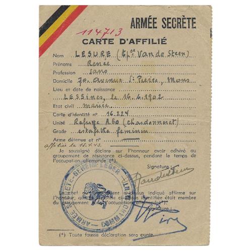 Armée secrète - Carte d'affilié, Verzamelen, Militaria | Tweede Wereldoorlog, Overige soorten, Overige typen, Ophalen of Verzenden