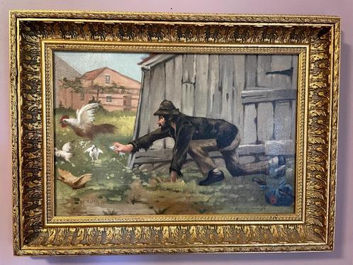 Huile sur toile : Un déjeuner manqué., Antiek en Kunst, Kunst | Schilderijen | Klassiek, Ophalen