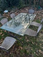 Smeedijzeren tuinset glazen blad 6 stoelen, Enlèvement, Utilisé, Salons de jardin
