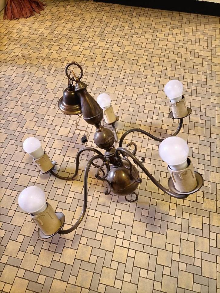 Lustre Ancien / Vintage 6 Bras – Style Laiton/Bronze Patiné, Huis en Inrichting, Lampen | Kroonluchters, Gebruikt, Metaal, Ophalen