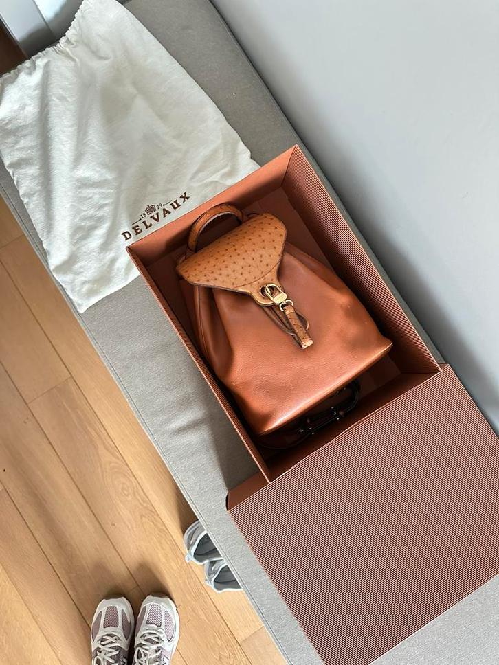 DELVAUX Soleil pm cognac struisvogel, Handtassen en Accessoires, Tassen | Damestassen, Zo goed als nieuw, Handtas, Ophalen