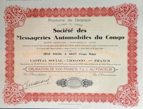 Société des Messageries Automobiles du Congo - Aketi - 1927, Postzegels en Munten, Aandelen en Waardepapieren, Aandeel, 1920 tot 1950