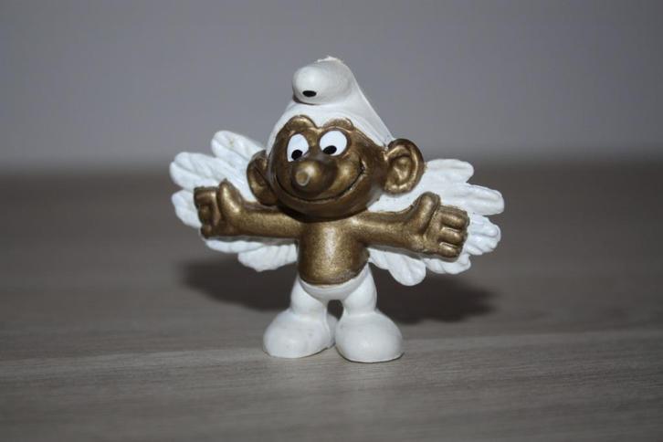 Variant vliegende smurf , Goudkleurig , Bully 1973 Peyo, Verzamelen, Smurfen, Gebruikt, Poppetje, Figuurtje of Knuffel, Overige Smurfen