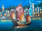 HONG KONG SKYSCRAPER SHIP OCEAN VIEW PAINTED OIL, Antiek en Kunst, Kunst | Schilderijen | Abstract, Ophalen