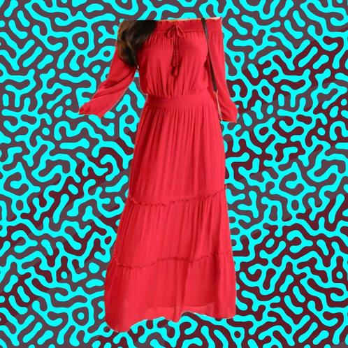 Gorgeous red dress with carmen neckline (size S/M) new, Kleding | Dames, Jurken, Nieuw, Maat 38/40 (M), Rood, Onder de knie, Ophalen of Verzenden