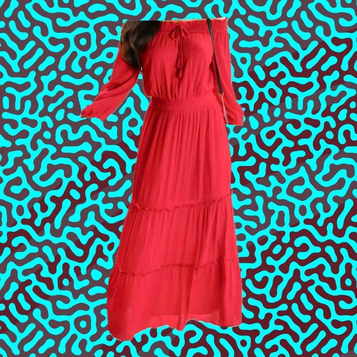 Gorgeous red dress with carmen neckline (size S/M) new, Kleding | Dames, Jurken, Nieuw, Maat 38/40 (M), Rood, Onder de knie, Ophalen of Verzenden