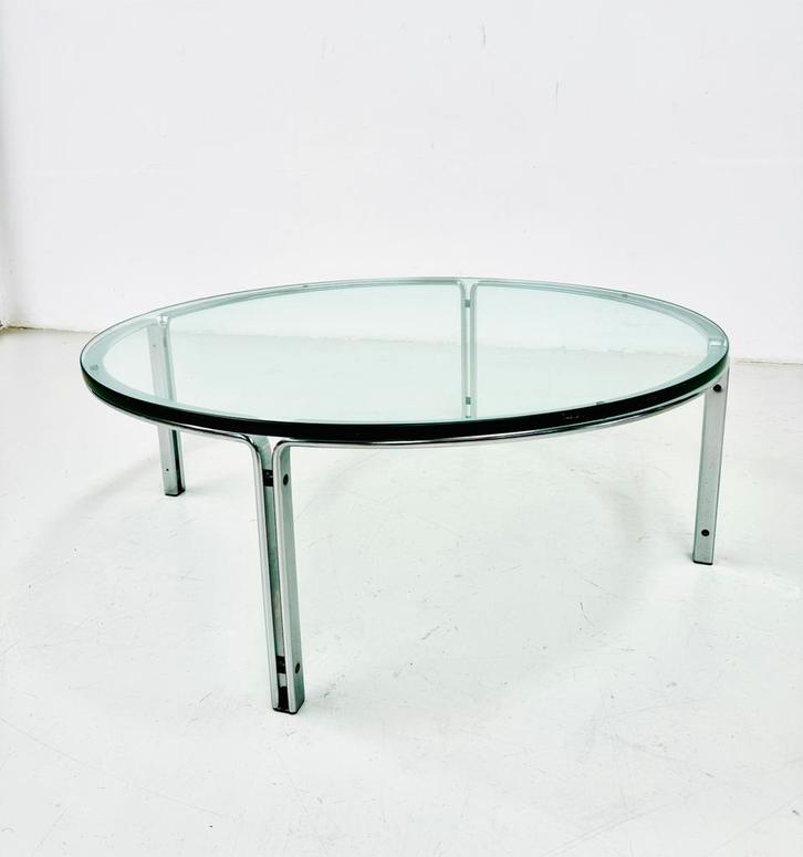 Vintage round coffee table - H.Brüning -steel & glass-1960s., Huis en Inrichting, Tafels | Salontafels, Zo goed als nieuw, 50 tot 75 cm