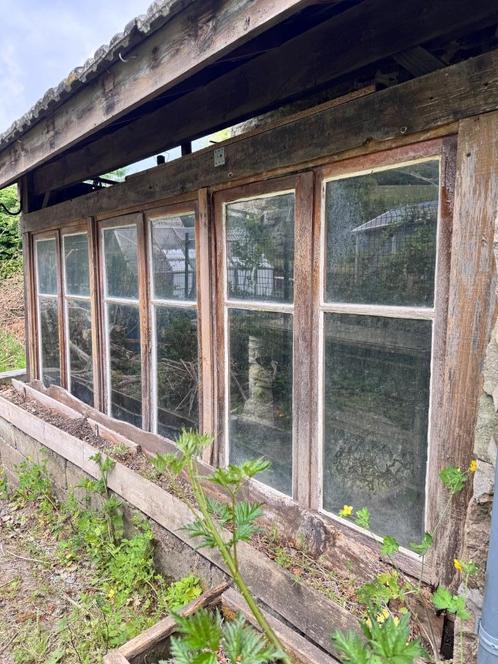 3X Antieke houten ramen voor serre, Tuin en Terras, Kassen, Gebruikt, Kweekkas, Overige materialen, Glas, Ophalen