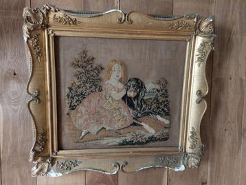 oude mooie broderie -romantisch kindje met haar hond beschikbaar voor biedingen